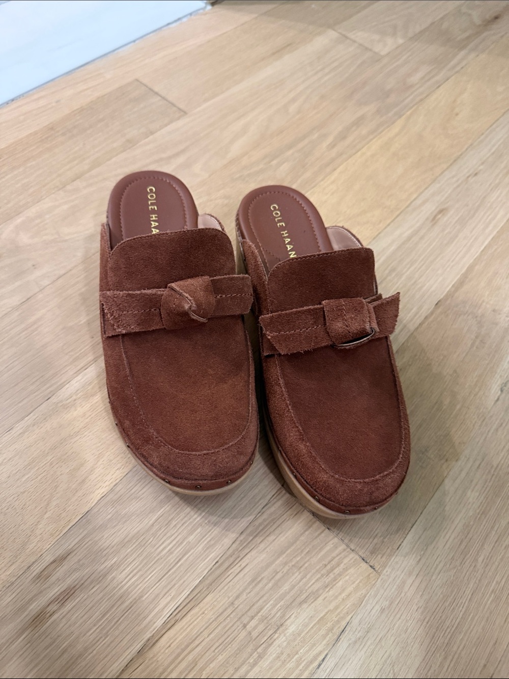 Cole Haan Brown Suede Slip-On Loafers with Knot Detail